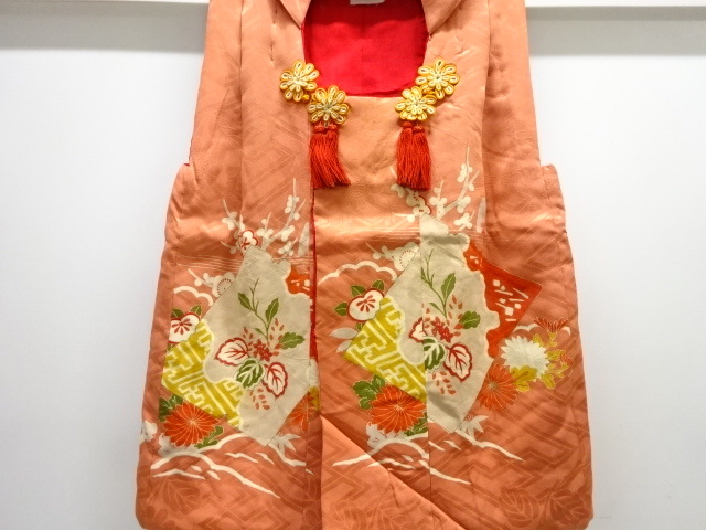 JAPANESE KIMONO / ANTIQUE HIFU COAT FOR GIRLS / SILK / MON KINSHA / PEONY
